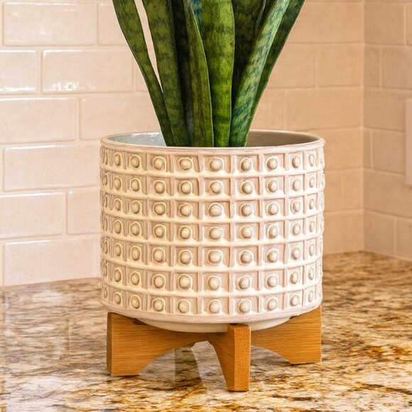 New Ceramic Textured Beaded Flower Herbs Planter Pot With Wood Stand - Picture 1 of 12